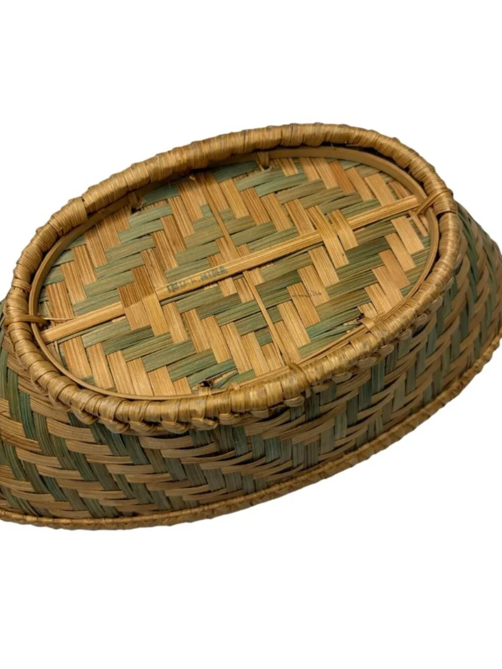 Vintage Handwoven Oval Bread Basket Geometric Green Natural Split Reed Boat Tray